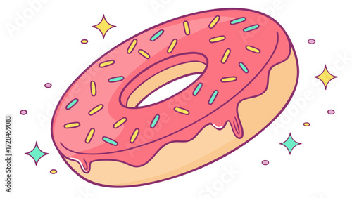 Donut with Pink Icing and Colorful Sprinkles Cute Flat Vector and Transparent PNG Illustration, Sweet Dessert Icon for Bakery, Food, and Celebration Design