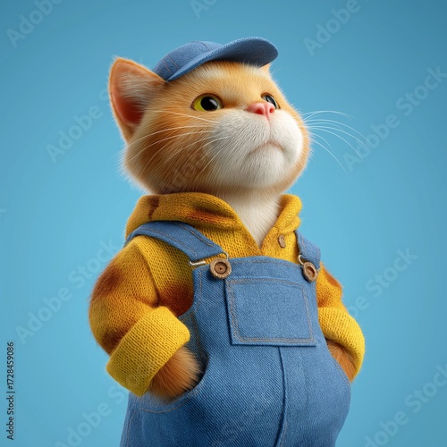 A cheerful 3D cartoon render of an orange tabby cat character. It is wearing denim overalls, a yellow hoodie, and a baseball cap, posing confidently with hands in pockets