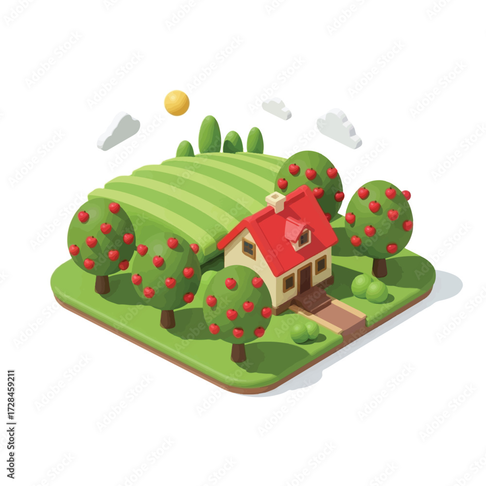Fototapeta premium Isometric illustration of a house in a field with apple trees.