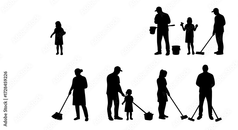 Fototapeta premium Simple Silhouette Cleaning Family Activity Set Home Chores and Assistance