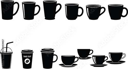 Collection of coffee cup and mug silhouette icons including takeaway cups teacups with saucers espresso mugs vector design illustration set