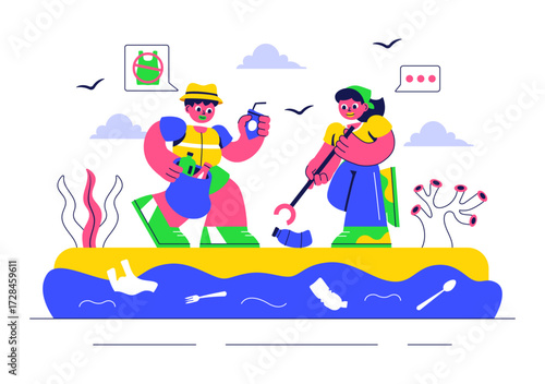 Ocean Cleanup Campaign Illustration Featuring Cleaning the Sea Beach from Trash and Garbage to Restore Nature and Promote Environmental Awareness