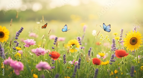 Fototapeta Naklejka Na Ścianę i Meble -  Colorful flowers and butterflies in meadow