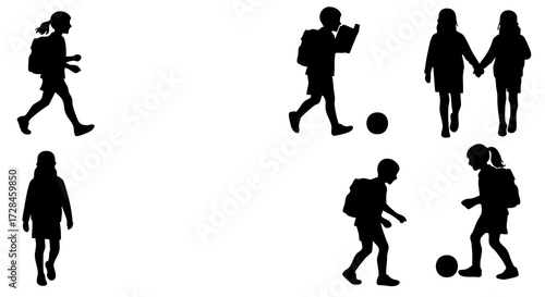 Silhouette Various Pose Students Carrying Backpacks Going to School Illustration