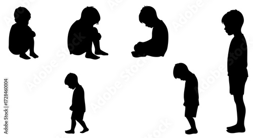 Minimalist Silhouette Various Little Boy Sad Expression Action Poses Illustration