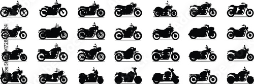 Collection of motorcycle silhouette vector illustrations featuring classic bikes, modern motorbikes, scooters, choppers, transportation icons, riding lifestyle design elements