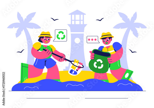 Ocean Cleanup Campaign Illustration Featuring Cleaning the Sea Beach from Trash and Garbage to Restore Nature and Promote Environmental Awareness