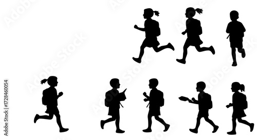 Silhouette Depiction of Children Running and Walking in Various Poses Illustration