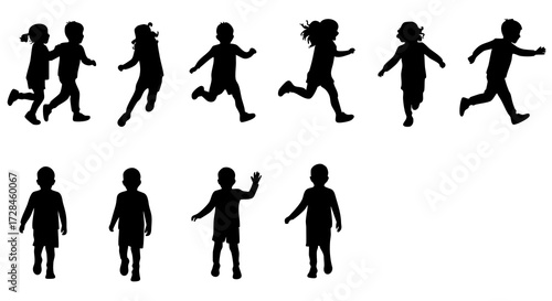 Silhouette Group of Energetic Children Running and Playing Illustration