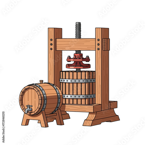 Illustration of a wooden wine press with a barrel next to it.