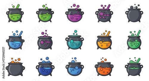 Collection of cauldrons with bubbling potions in various colors.
