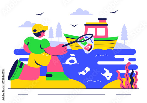 Ocean Cleanup Campaign Illustration Featuring Cleaning the Sea Beach from Trash and Garbage to Restore Nature and Promote Environmental Awareness