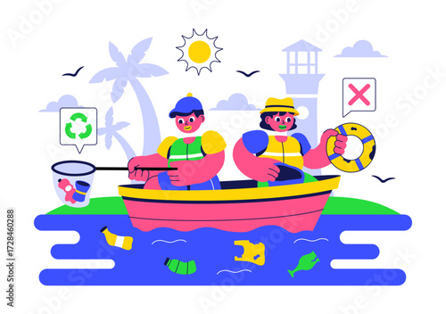 Ocean Cleanup Campaign Illustration Featuring Cleaning the Sea Beach from Trash and Garbage to Restore Nature and Promote Environmental Awareness