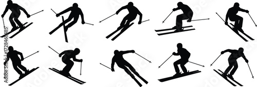 Collection of winter skiing silhouette vector illustrations showing athletes in dynamic action poses, extreme sports activities, downhill snow skiing adventure
