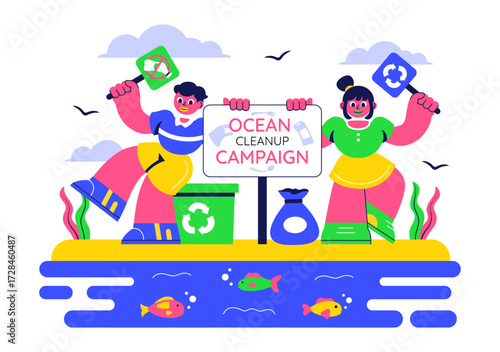Ocean Cleanup Campaign Illustration Featuring Cleaning the Sea Beach from Trash and Garbage to Restore Nature and Promote Environmental Awareness
