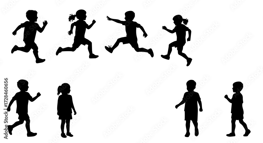 Naklejka premium Silhouette Energetic Children Playtime Activity in Various Poses Illustration