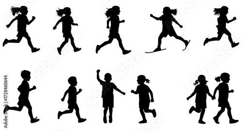 Silhouette Running Child Collection Diverse Action Poses Isolated Group Illustration
