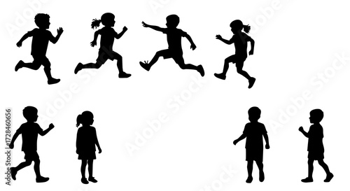 Silhouette Energetic Children Playtime Activity in Various Poses Illustration