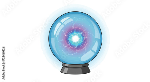 Illustration of a crystal ball with a swirling, colorful center on a gray stand.