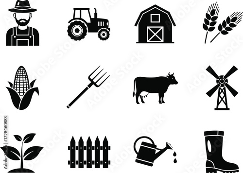 Set of farming agriculture icons with farmer tractor barn wheat corn cow windmill plant watering can boots fence vector illustrationf