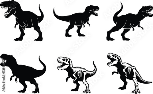 Silhouette and Skeleton T-Rex Dinosaur Vector Set – Black Prehistoric Tyrannosaurus Rex Illustration for Kids, Education, and Design