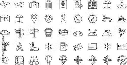 Travel adventure icons set conveying wanderlust and vacation vibes for summer holidays and global exploration, perfect for travel blogs and websites