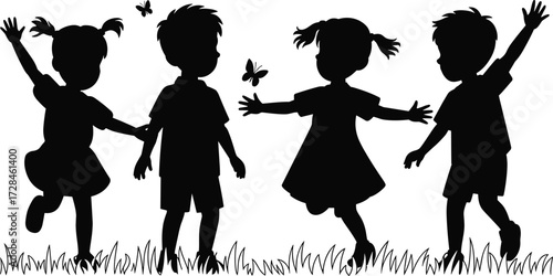 Silhouette illustration of happy children playing outdoors, boys and girls running, jumping, dancing with butterflies in grass, joyful vector design