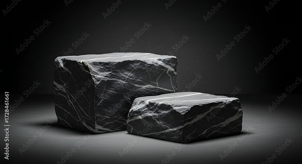 Fototapeta premium Two rough, dark stone blocks with white veins, presented on a dark, moody background with spotlighting