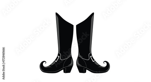 Illustration of a pair of black witch boots with curled toes.