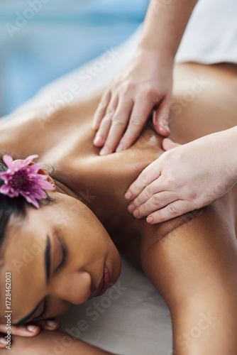 Wallpaper Mural Woman, hands and shoulder massage in spa for vacation, luxury treatment and body pamper. Muscle relax, masseuse and peace or zen with client for stress relief, wellness or healing therapy for holiday Torontodigital.ca
