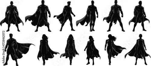 Silhouette superhero characters collection vector illustration with cape strong male female hero standing poses comic book style shadow designSilhouette superhero characters collect