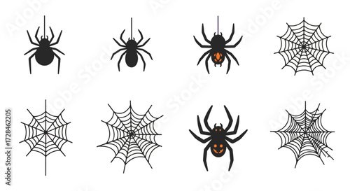 Halloween spiders and spiderwebs in a vector graphic illustration.