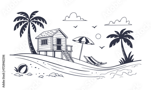Tropical Beach House with Palms Minimal Flat Vector illustration Summer Scene, Summer themes, Sea beach , easily editable.