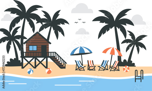 Tropical Beach House with Palms Minimal Flat Vector illustration Summer Scene, Summer themes, Sea beach , easily editable.