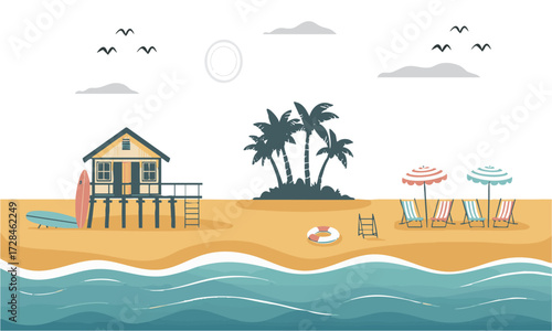 Tropical Beach House with Palms Minimal Flat Vector illustration Summer Scene, Summer themes, Sea beach , easily editable.