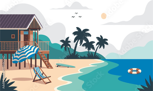 Tropical Beach House with Palms Minimal Flat Vector illustration Summer Scene, Summer themes, Sea beach , easily editable.