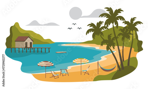 Tropical Beach House with Palms Minimal Flat Vector illustration Summer Scene, Summer themes, Sea beach , easily editable.