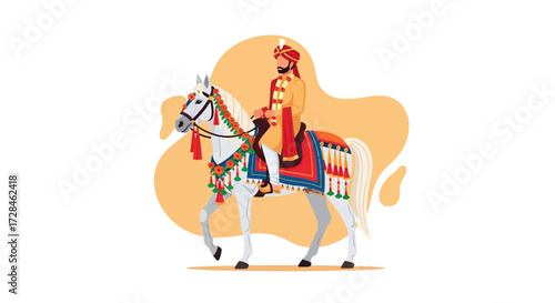 Illustration of an Indian man, likely a groom or royalty, riding a decorated white horse, potentially for a wedding or cultural celebration, set against an abstract background