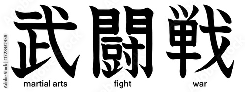 Japanese kanji characters for martial arts, fight and war isolated on transparent background, calligraphy art, tattoo idea