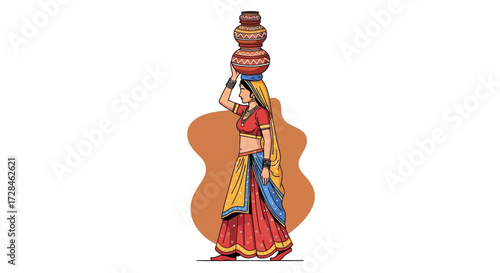 A woman in traditional Indian attire carrying a stacked pot on her head, symbolizing cultural heritage and daily life in a rural setting, showcasing ethnic clothing and traditional customs