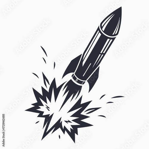 A burning bullet soars swiftly, enveloped in intense, dark flames against a white background