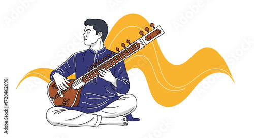 Illustration of a man playing the sitar, a traditional Indian musical instrument, set against an abstract backdrop of flowing lines, music and culture concept