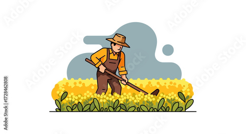 Farmer Harvesting a Crop in a Field, Illustration of Agricultural Worker Tending to Plants, Depicting a Rural Agricultural Landscape, Farming Practices