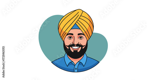 A cheerful illustration of a Sikh man with a yellow turban and beard, set against a light blue backdrop. The image showcases a friendly and welcoming demeanor