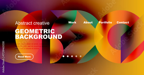 Vibrant abstract design. Geometric shapes overlap, creating colorful background. Text promotes work, portfolio, contact options.