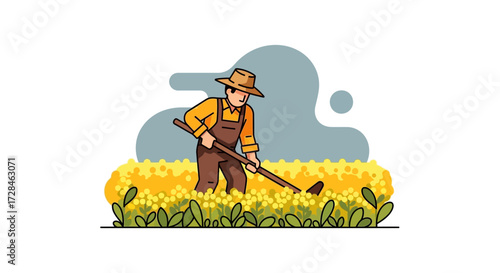 A farmer wearing a straw hat and overalls works in a field of golden crops, tending to his harvest with a hoe in a charming, stylized illustration that evokes the essence of agriculture and rural life