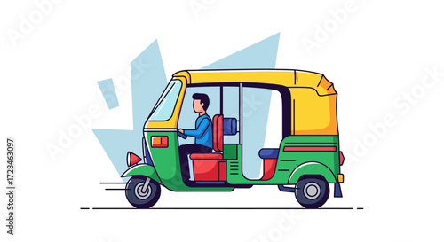 Illustrated Auto Rickshaw with Driver A Vibrant Depiction of Urban Transportation and Classic Motorized Tricycle