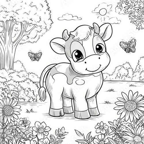 Cute cartoon cow in a simple black and white coloring book scene