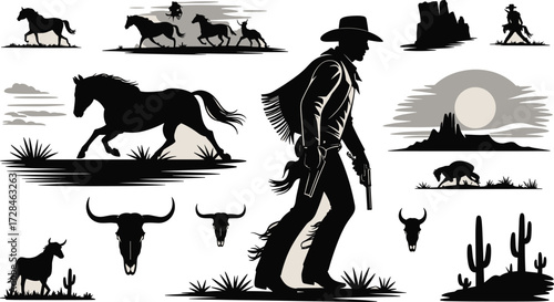 Wild West cowboy silhouette vector illustration with horses, guns, cactus, desert landscape, bison, skulls, American western culture design elements