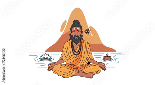 Vector illustration of a traditional Hindu sadhu, yogi, or guru sitting in a meditative lotus pose. Concept of spiritual enlightenment, inner peace, and mindfulness